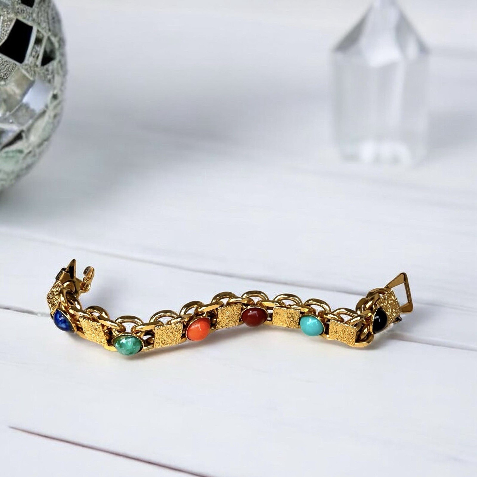 Vintage MCM Etruscan Revival Multi Color Cabochon Book Chain Bracelet 6.25″
