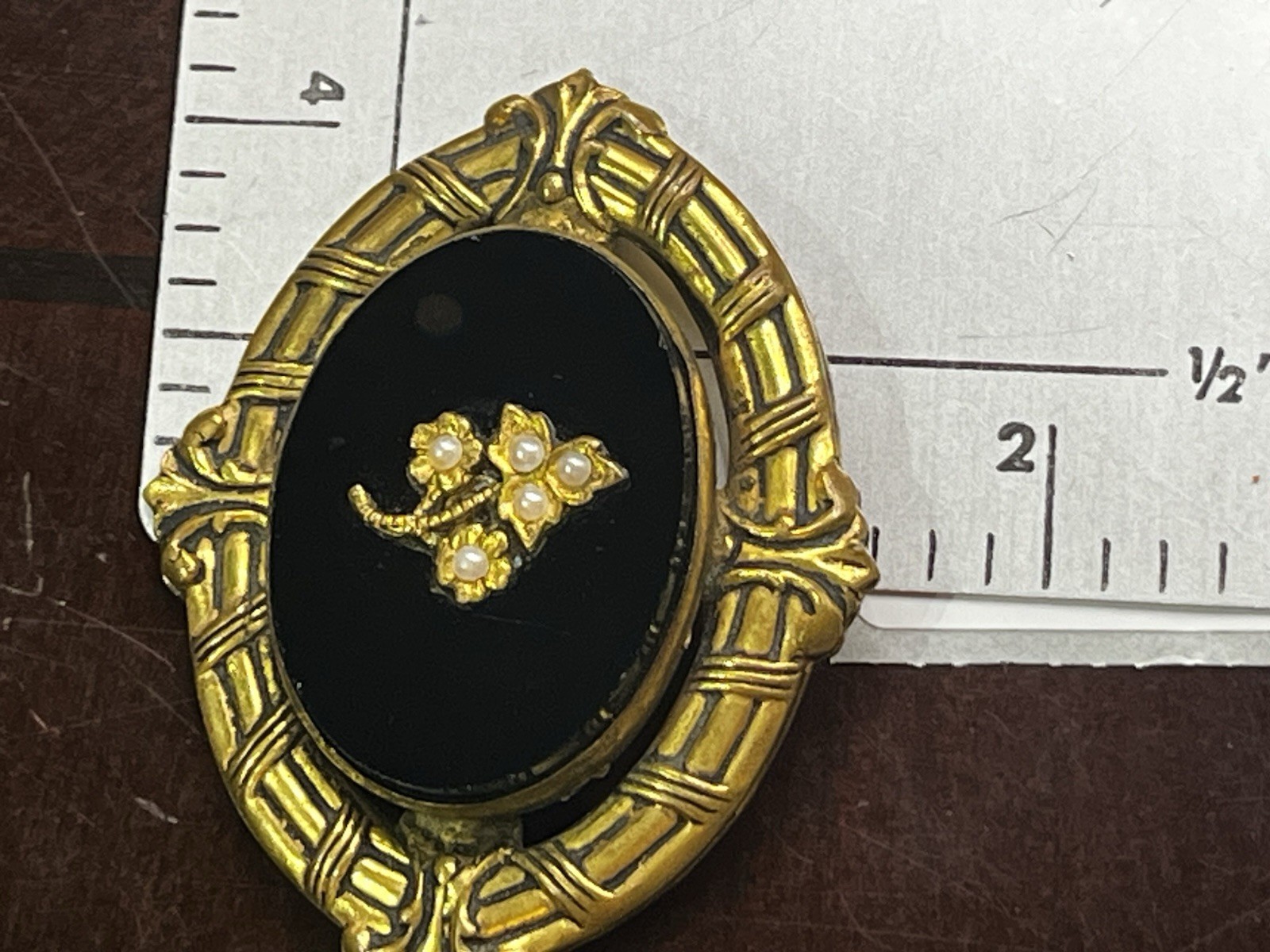 Victorian/Mourning Style VTG. Repousse Brass Black Glass Brooch Faux Pearl 2 1/8