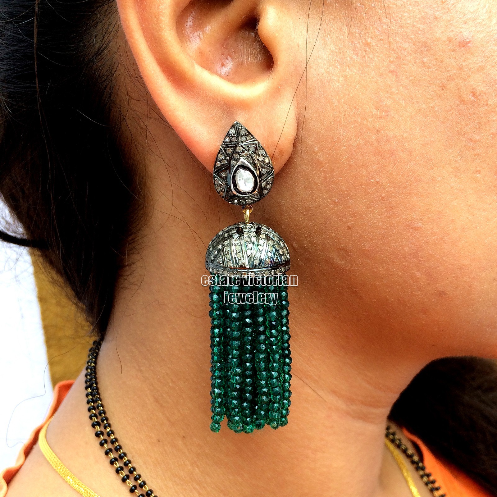 3.40Ctw Rose Antique cut Diamond Emerald Victorian Silver Tassel Earring Jewelry