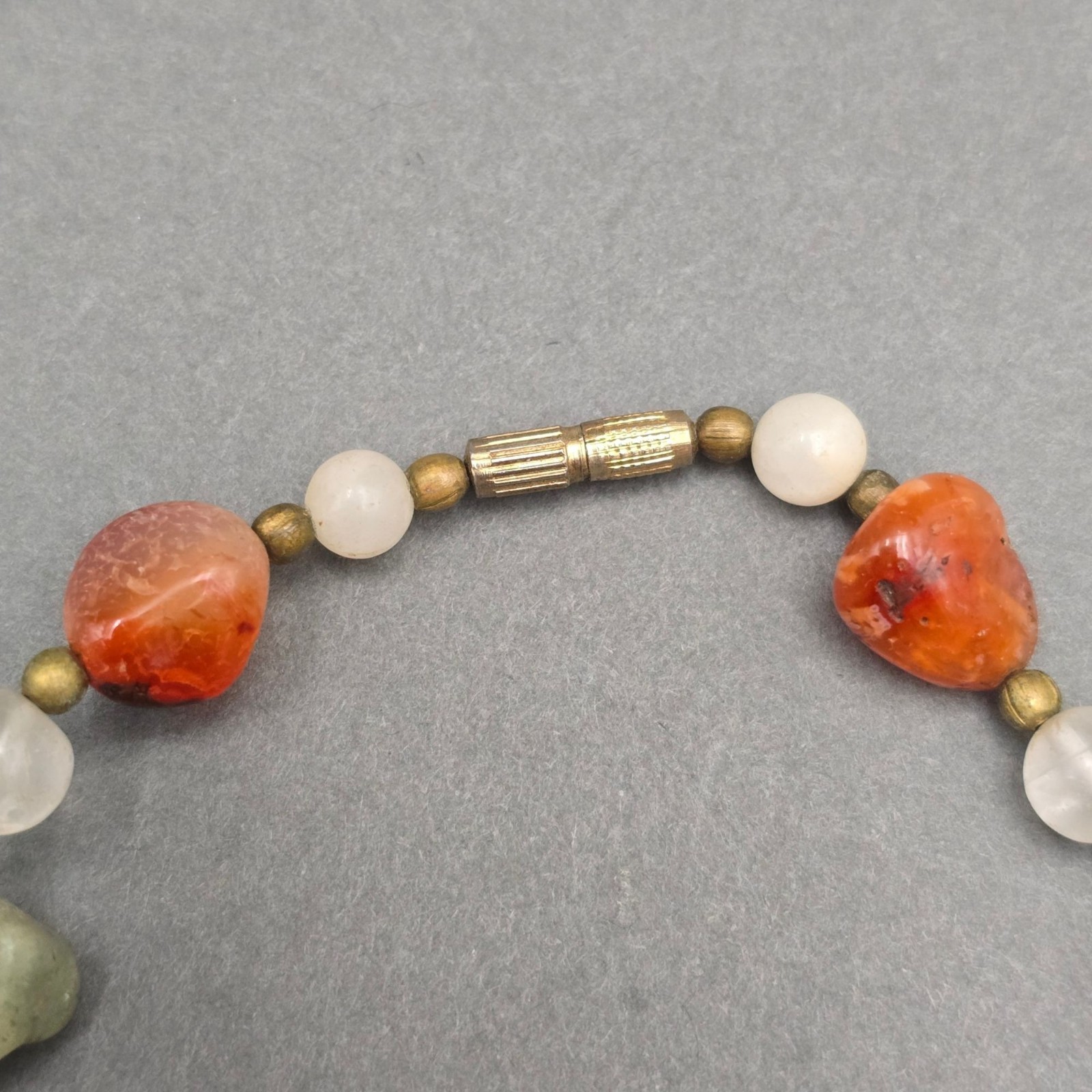 Vintage Multi Gemstone Beggar Bead Necklace 20″ Natural Stone Brass Accents