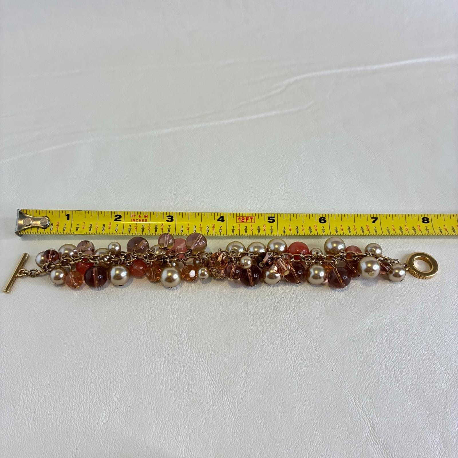 Vintage Carolee Bracelet Gold Tone Faux Pearl Glass Bead Rhinestone Charm Pink