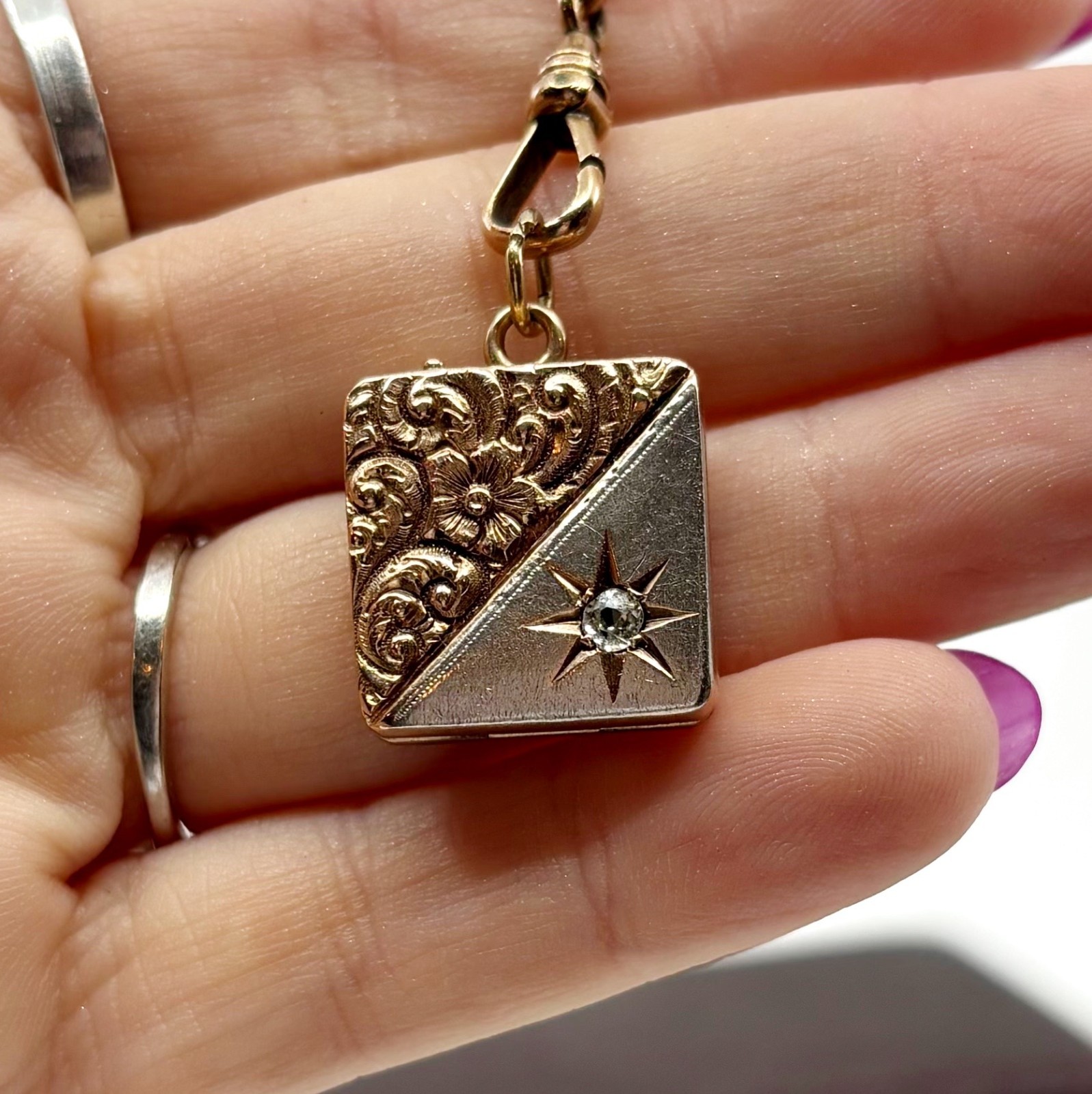 Antique 14K Diamond Locket Two Tone Old Cut Diamond Square Locket