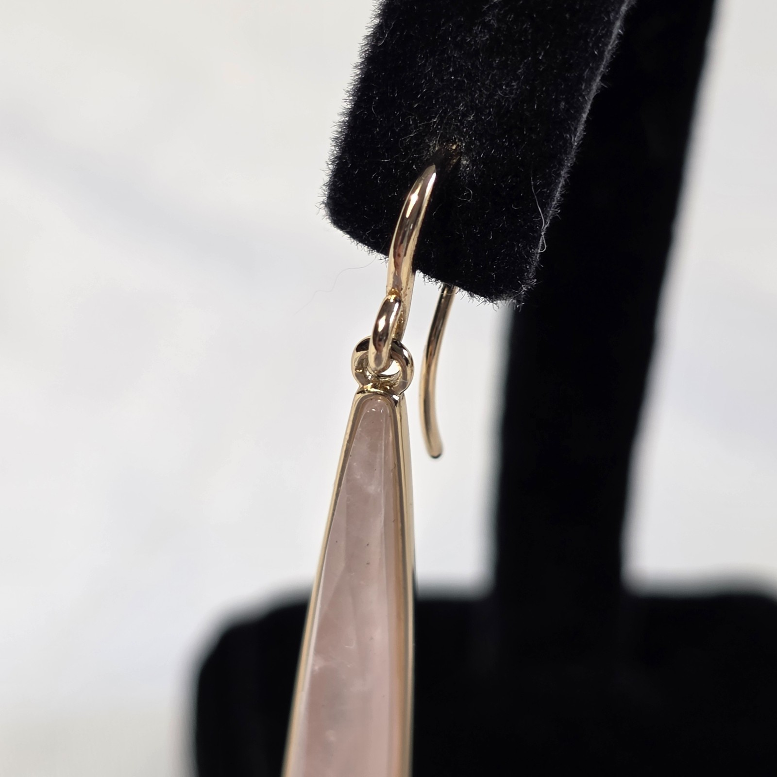 Linear Drop Wire Earrings Elongated Rose Quartz Teardrops in Gold-Tone Metal