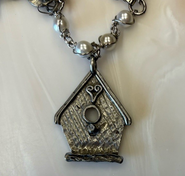 Marcie Signed 30” Pewter Charm Necklace w/Pearls Rabbits Hearts Birdhouse Garden