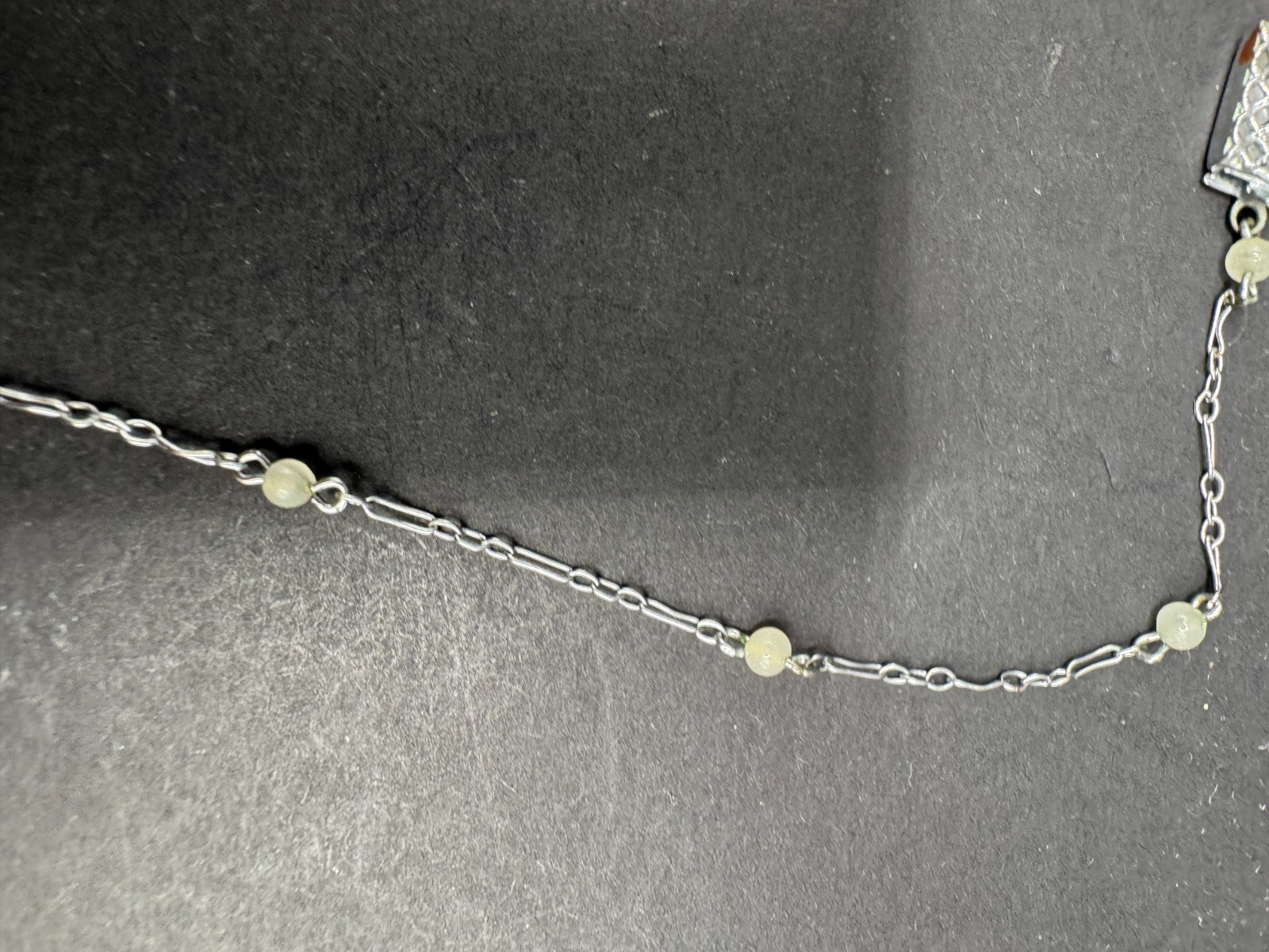 Art Deco Filigree Crystal Chain & Pendant Silver Tone