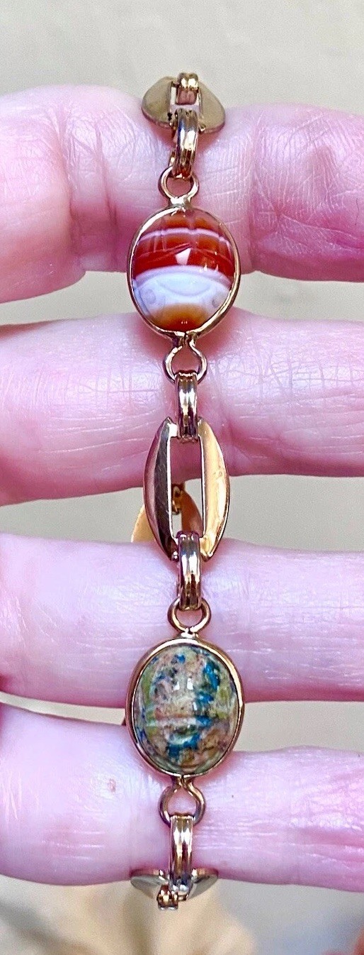 LOVELY Vintage Gold-Filled Agate, Unakite, Etc. Egyptian Scarab Bracelet