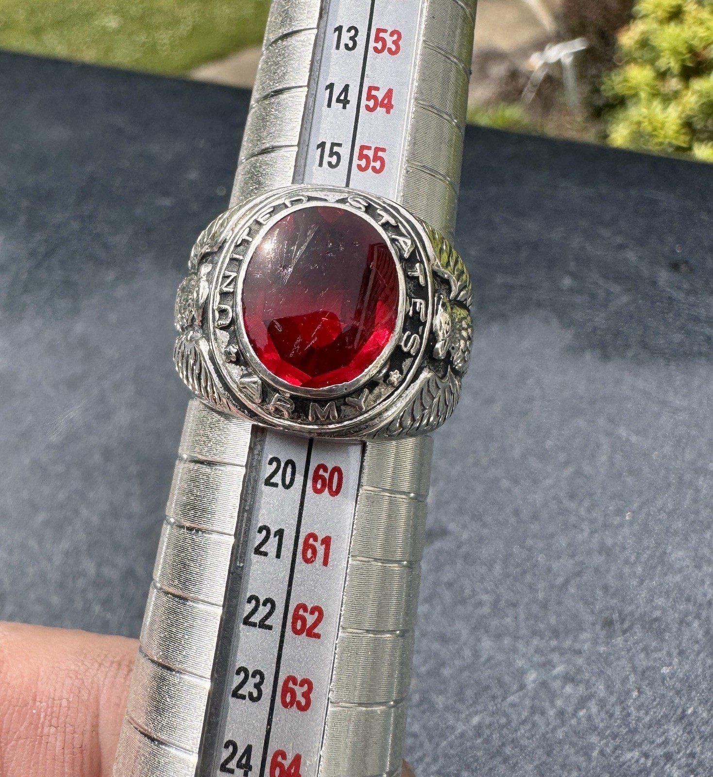 Vintage Sterling Silver US Army Class Ring with Eagles & Red Stone
