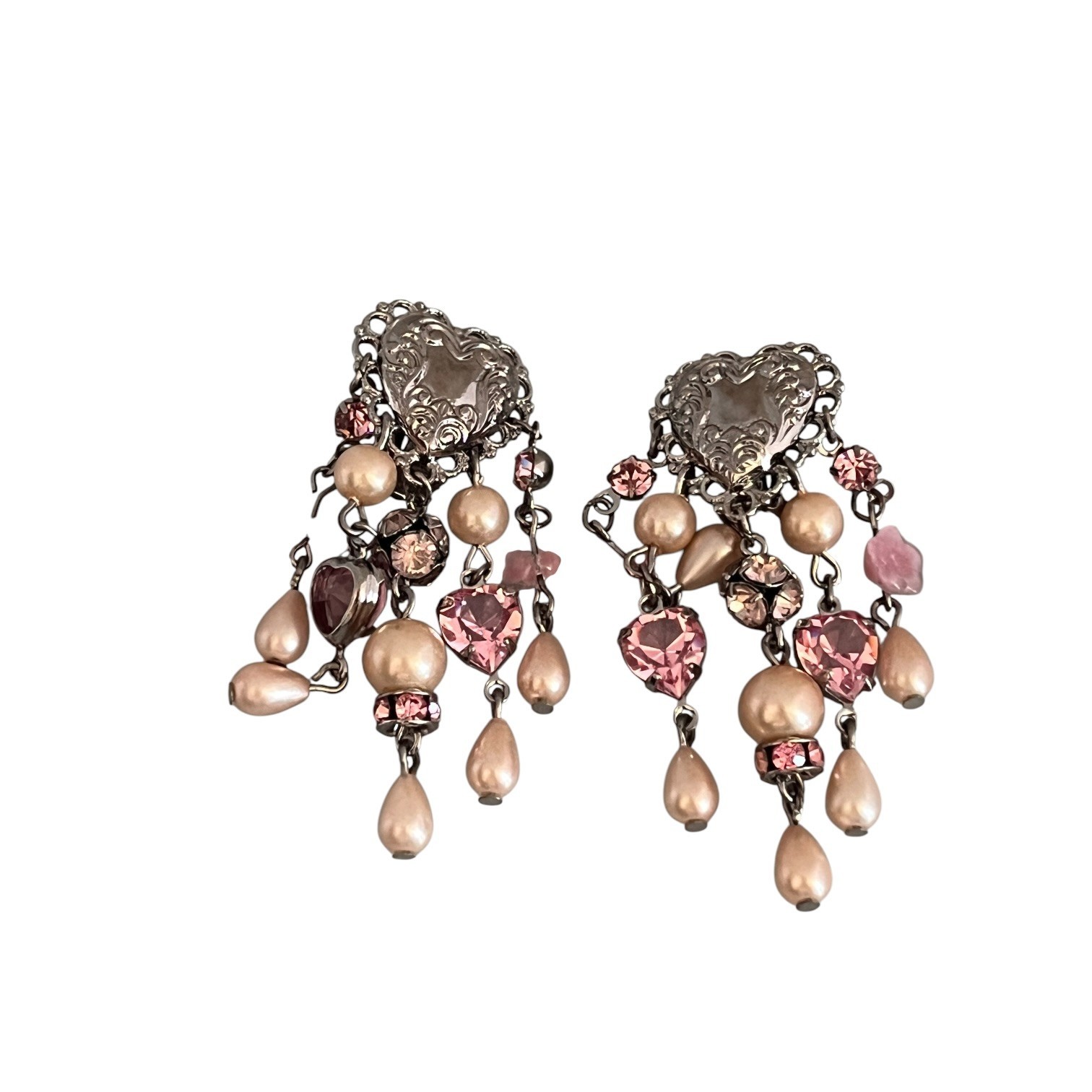 Vintage 1990s Kirks Folly Heart Crystal Pearl Clip Earrings – 10K