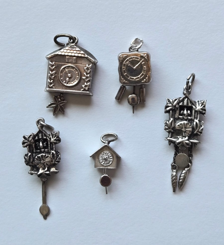 Lot of 5 VTG Bavarian / Swiss Cuckoo Clocks Charms ALL Move ~ Marked 800 835 925