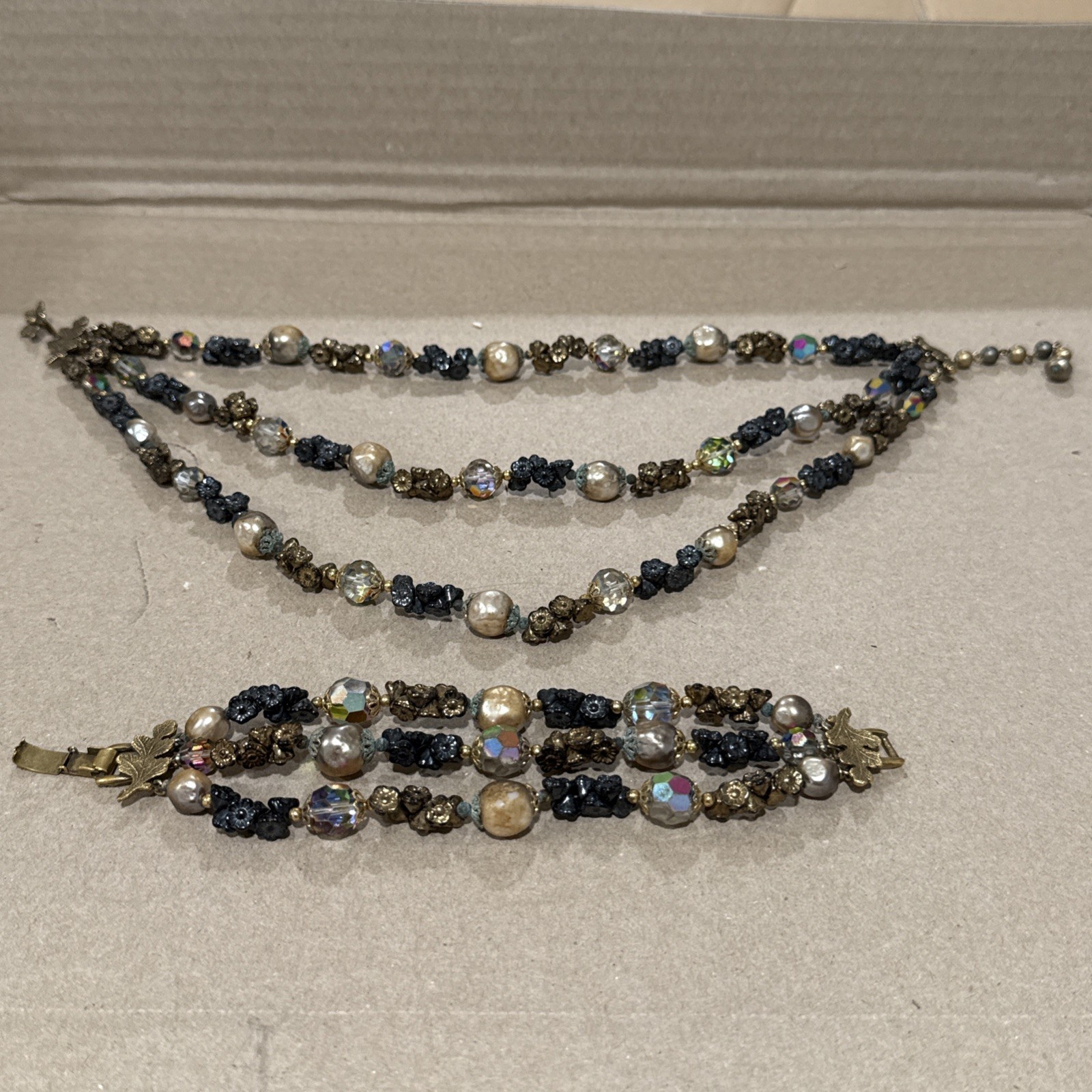 VTG Vendome 3 Strand Necklace & Bracelet Set Art Glass, Pearls, & Flower