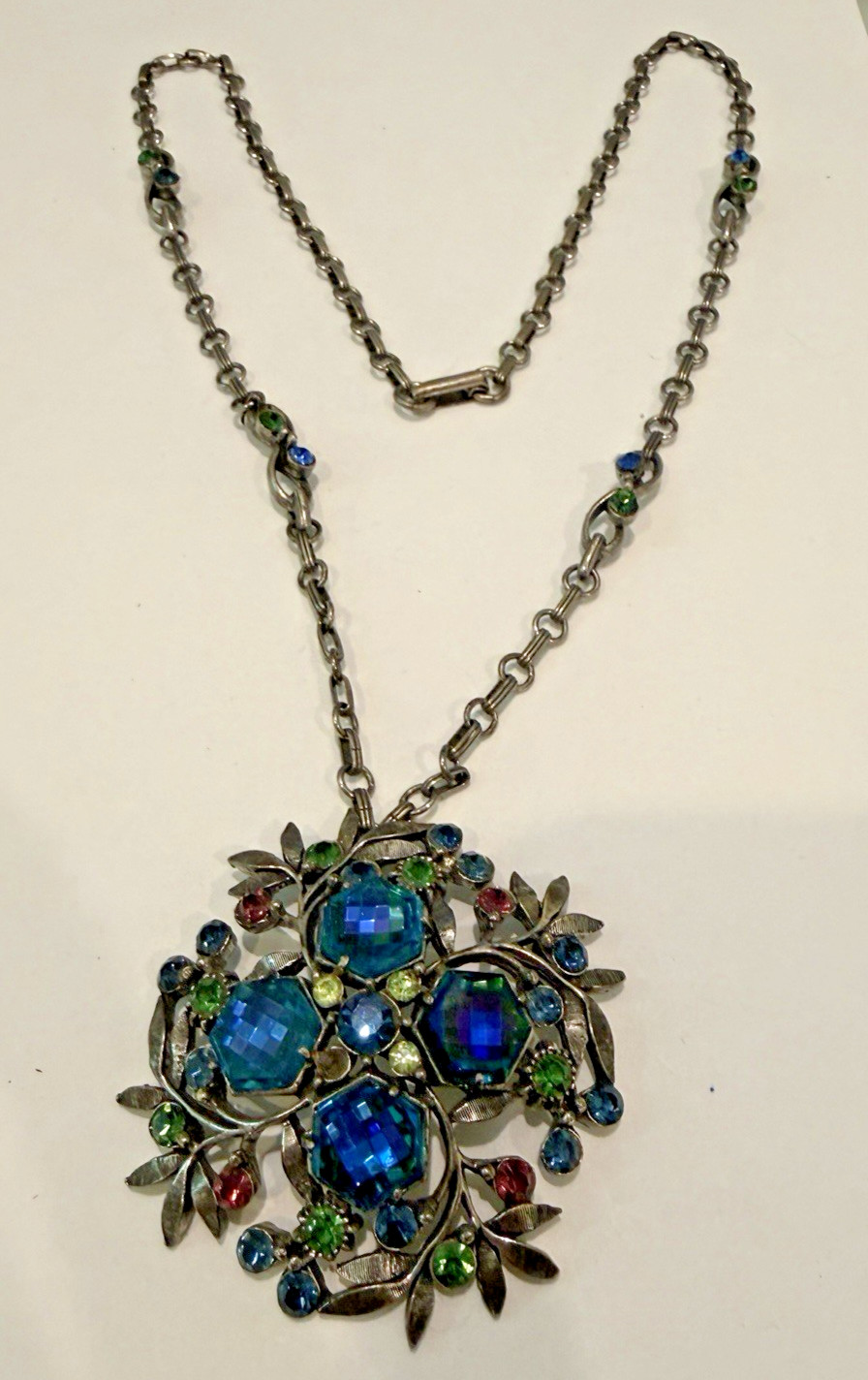 FLORENZA VINTAGE BLUE, GREEN, & PURPLE PENDANT NECKLACE