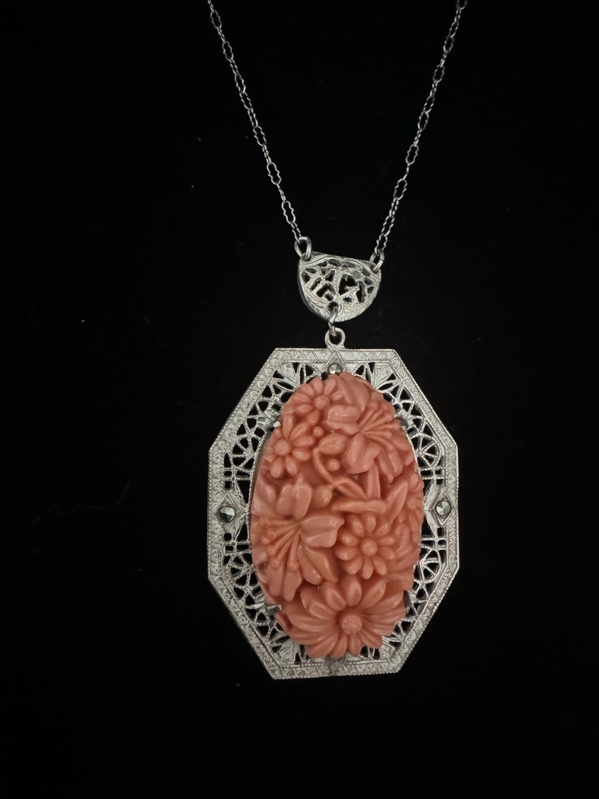 Antiqued ART DECO designed GERMANY faux Coral Carved Filigree Necklace Pendant