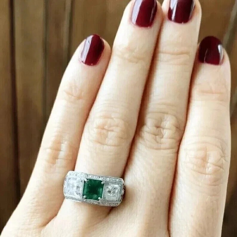 Vintage Art Deco Style Filigree 4.5Ct Lab Created Emerald 14K White Gold FN Ring