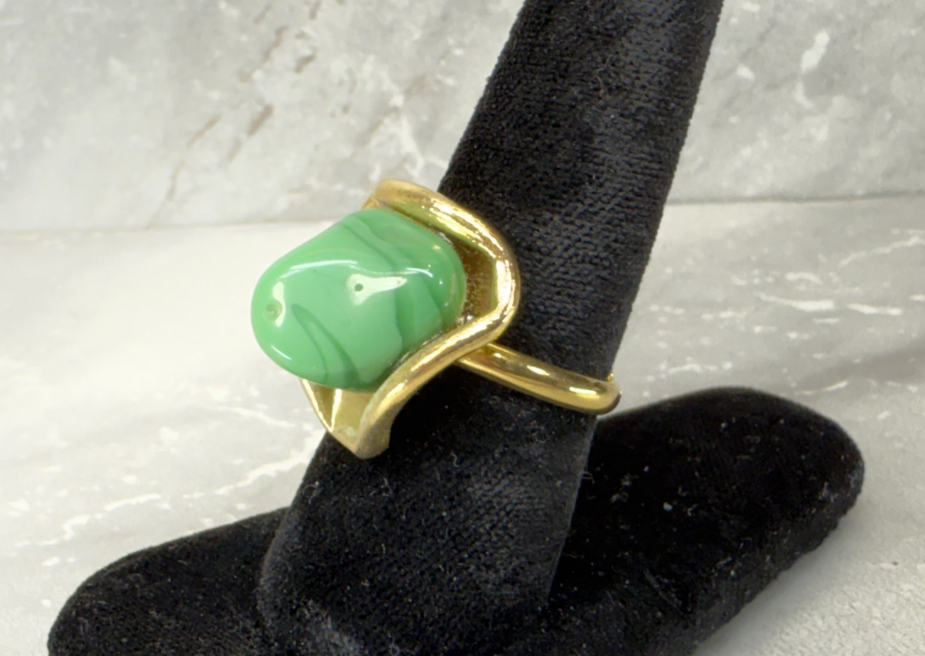Vintage gold tone and green stone ring size 6 Adjustable