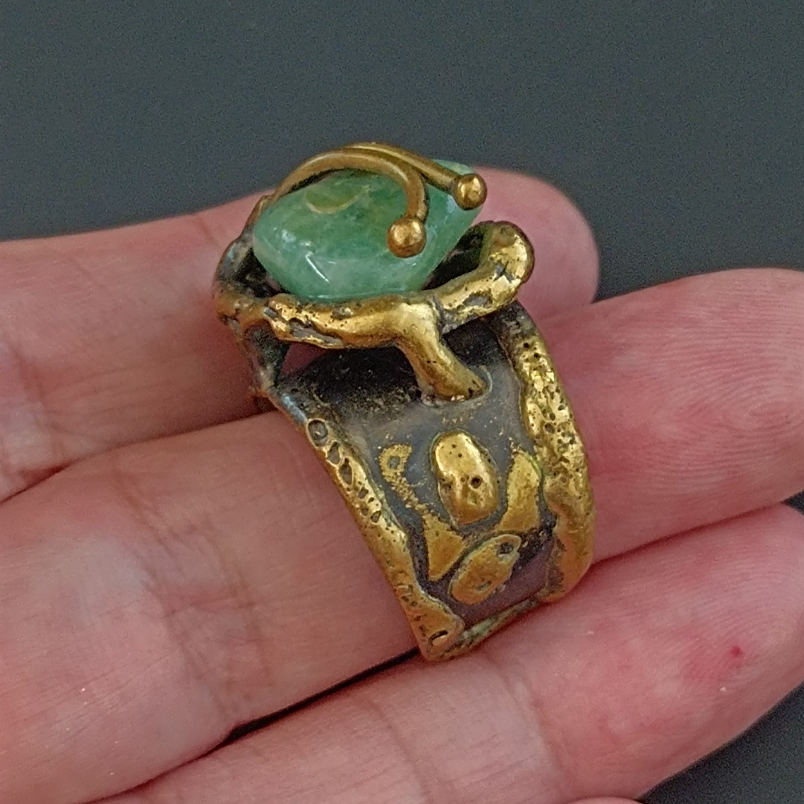 Brutalist Boho Ring Green Stone Organic Art Nouveau Revival Adjustable Statement