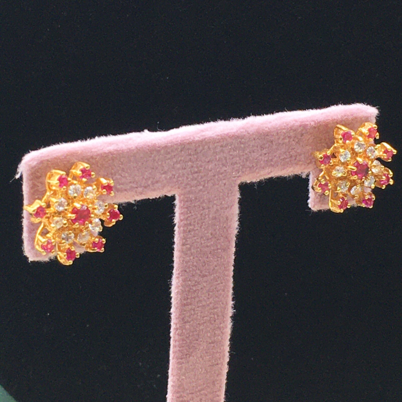 Signed Starburst Earrings Sapphires and Simulated Ruby Gold Tone Marked W