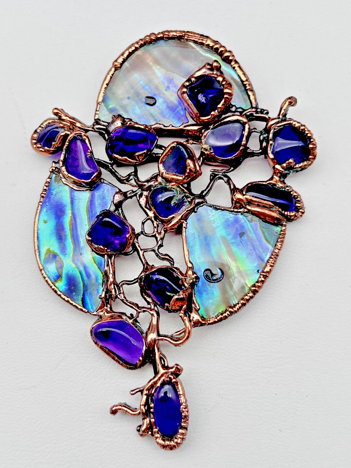 Artisan LG Purple Amethyst Stone Abalone Shell Copper Bezel Set Pendant Handmade