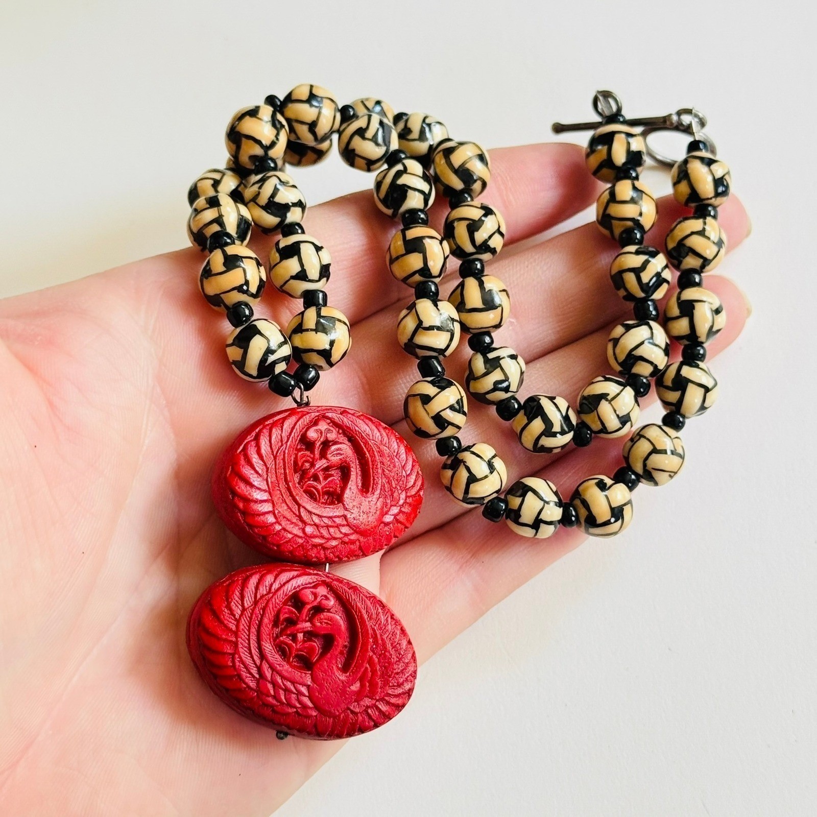 VTG Ceramic Chunky necklace Red Cinnabar Wicker Basket Weave BOHO Beads 80s 18″