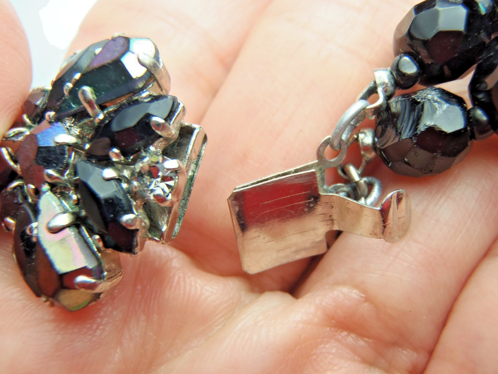 Estate Iridescent Black and Clear Faceted Glass Triple-Strand Necklace