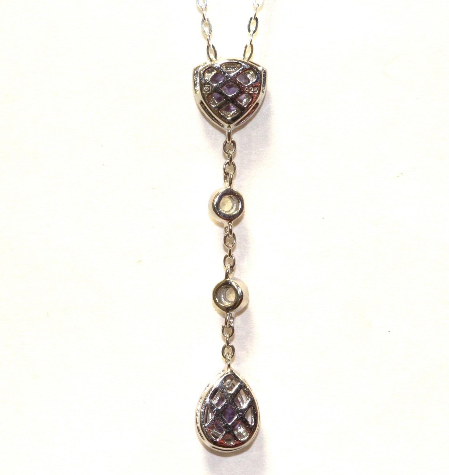 New 925 Sterling Silver amethyst created sapphire pendant necklace 3.1g dangle