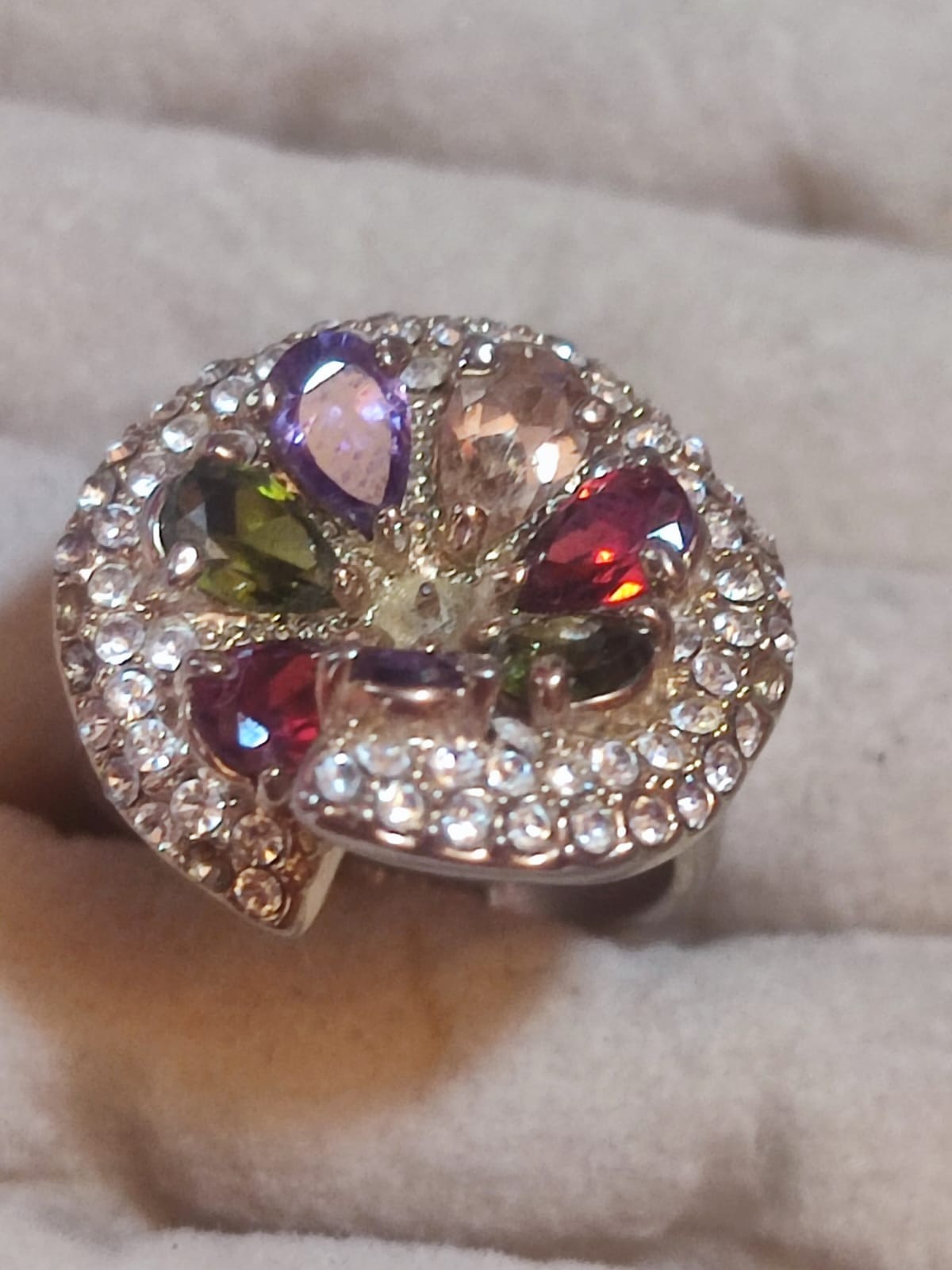 Vintage 18K RGP Multi-Stone Bypass Cocktail Ring Handcrafted Cluster Flower