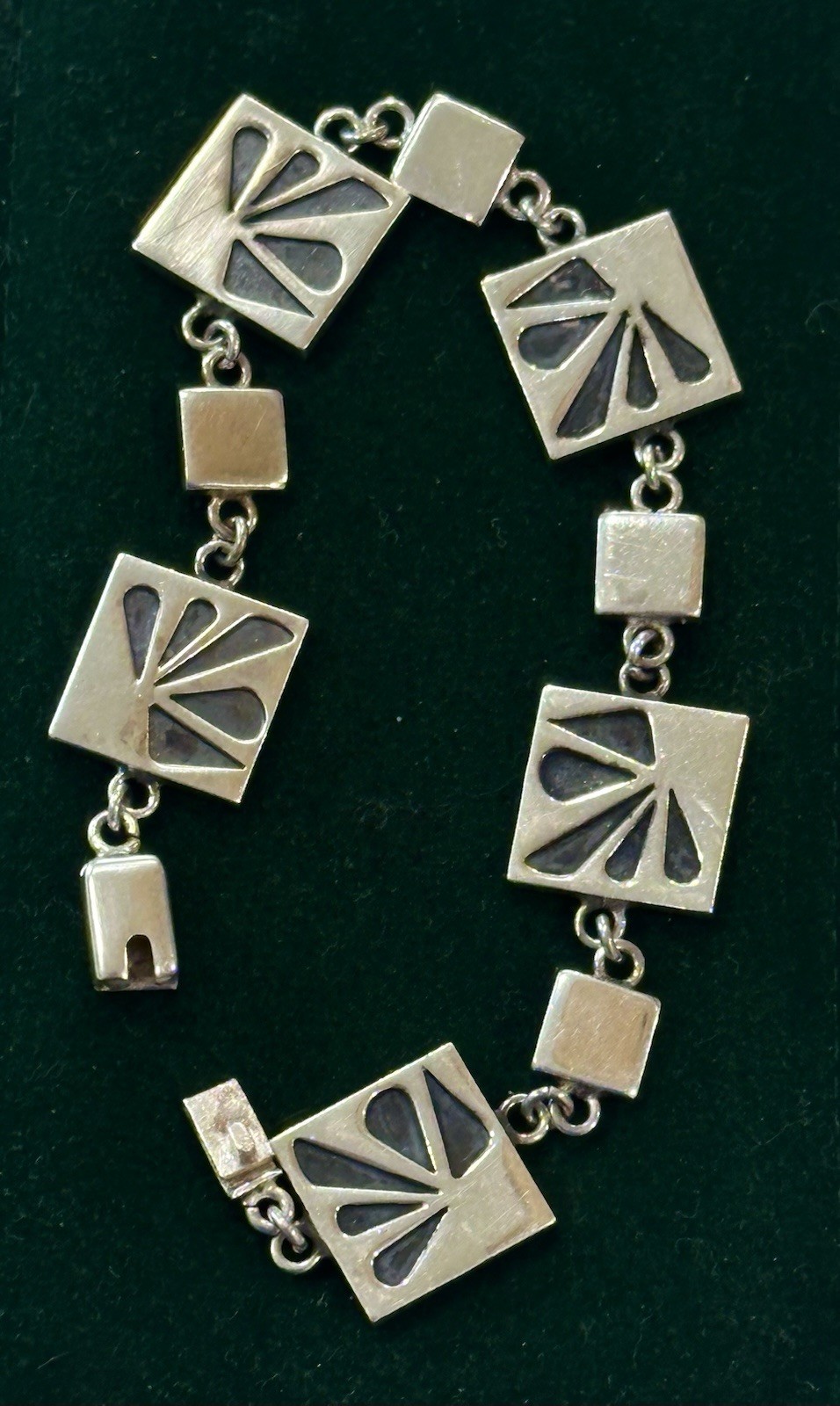 Vintage Mexico .925 Sterling Silver Oxidized Geometric Panel Bracelet: 7.5” 30g.