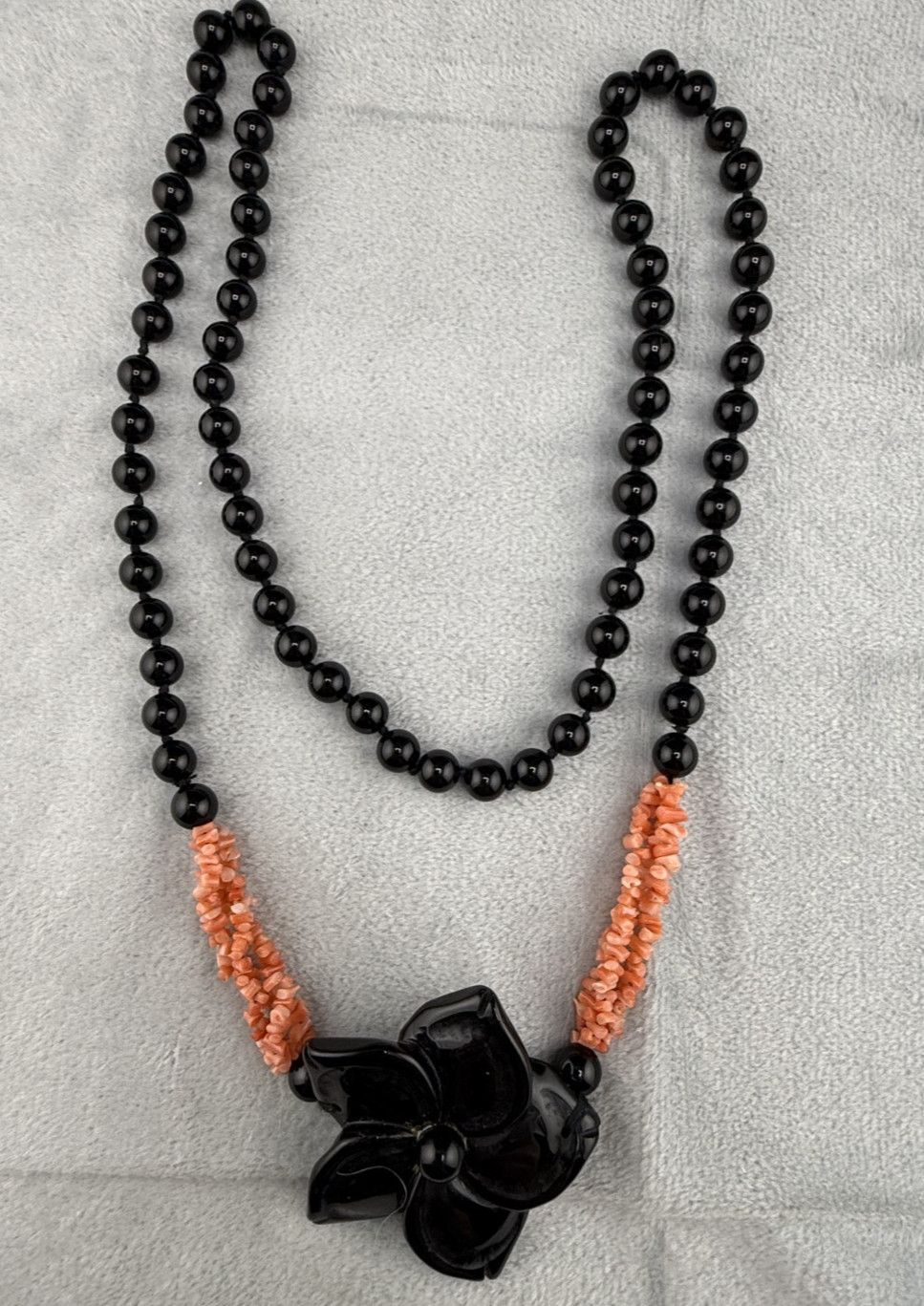 Vintage Pink Coral Stone Necklace Onyx Blossom Flower Pendant 32″