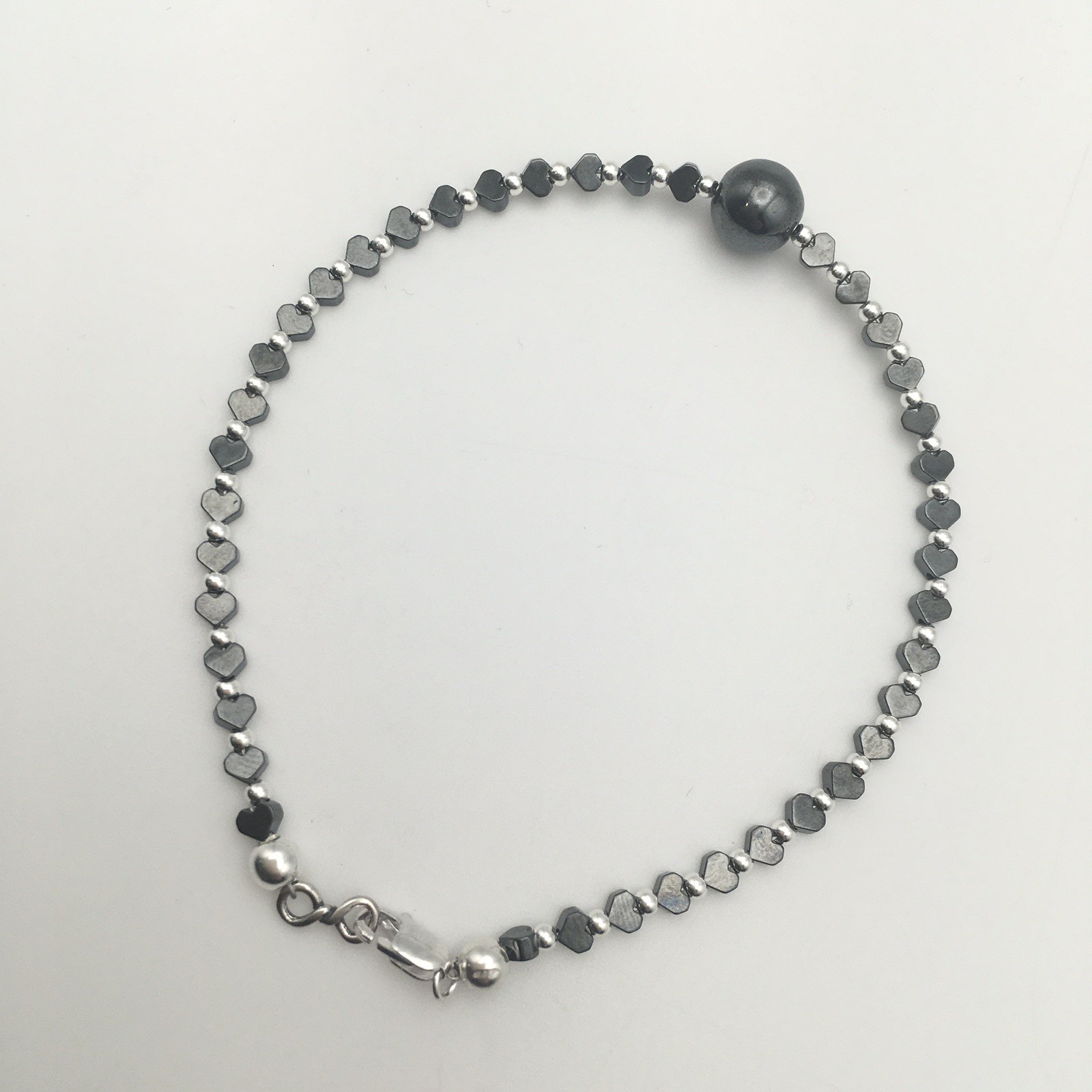 Sterling Silver & Hematite Heart Bracelet 7.75” Marked 925 4.5g #39