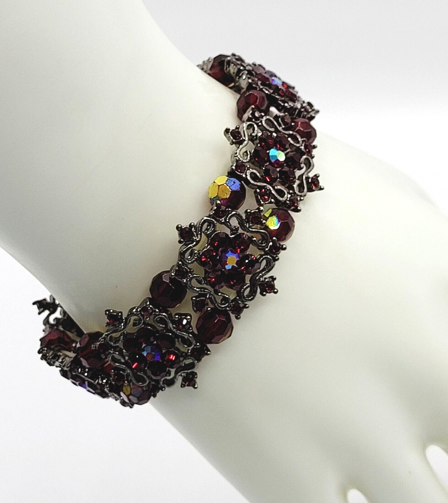 Red AB Crystal Sparkle Flower Floral Metal Ornate Fancy Event Stretch Bracelet