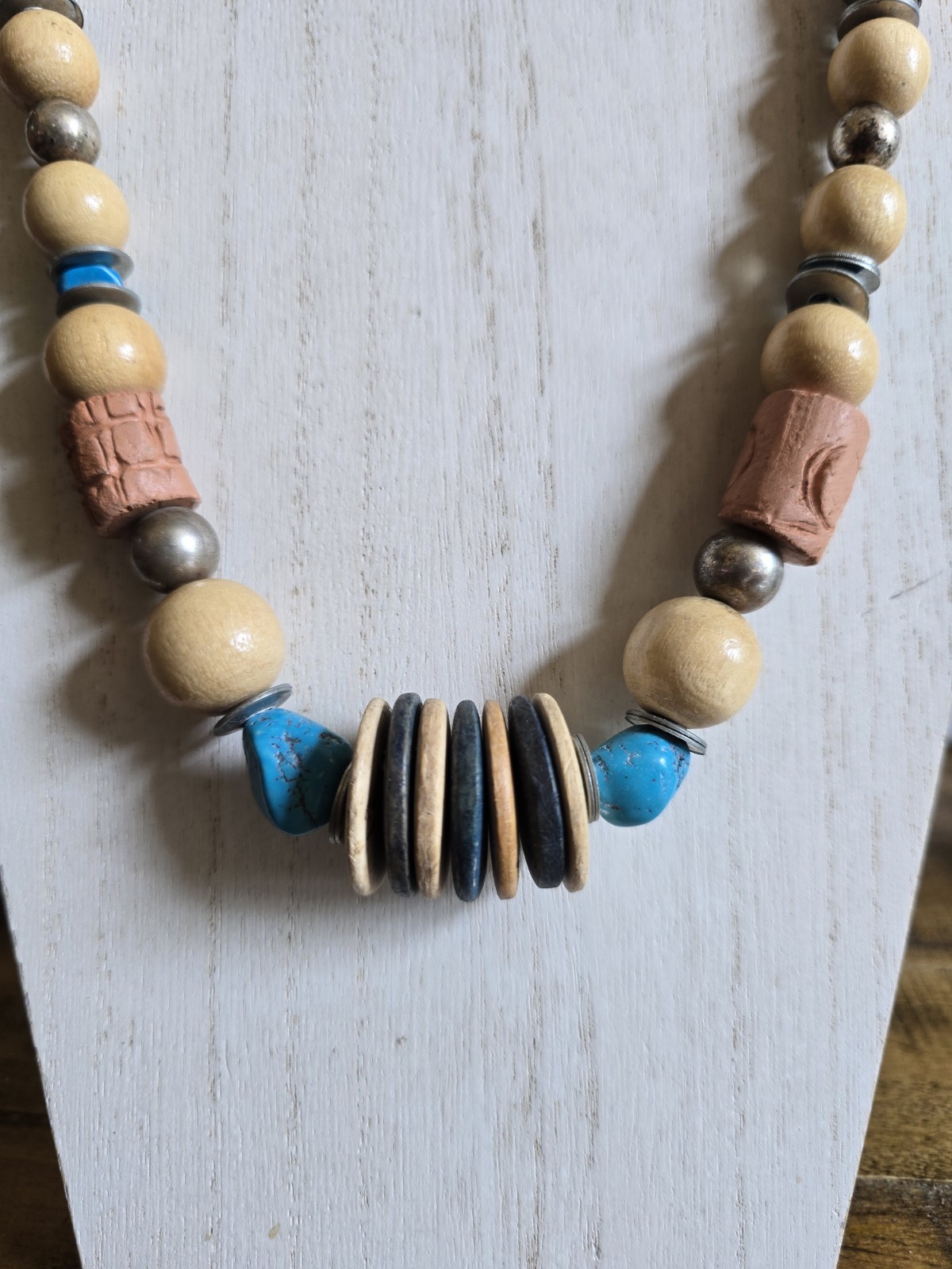 Wooden Turquoise Beaded Necklace 18 In Statement Bohemian African Disk Vintage