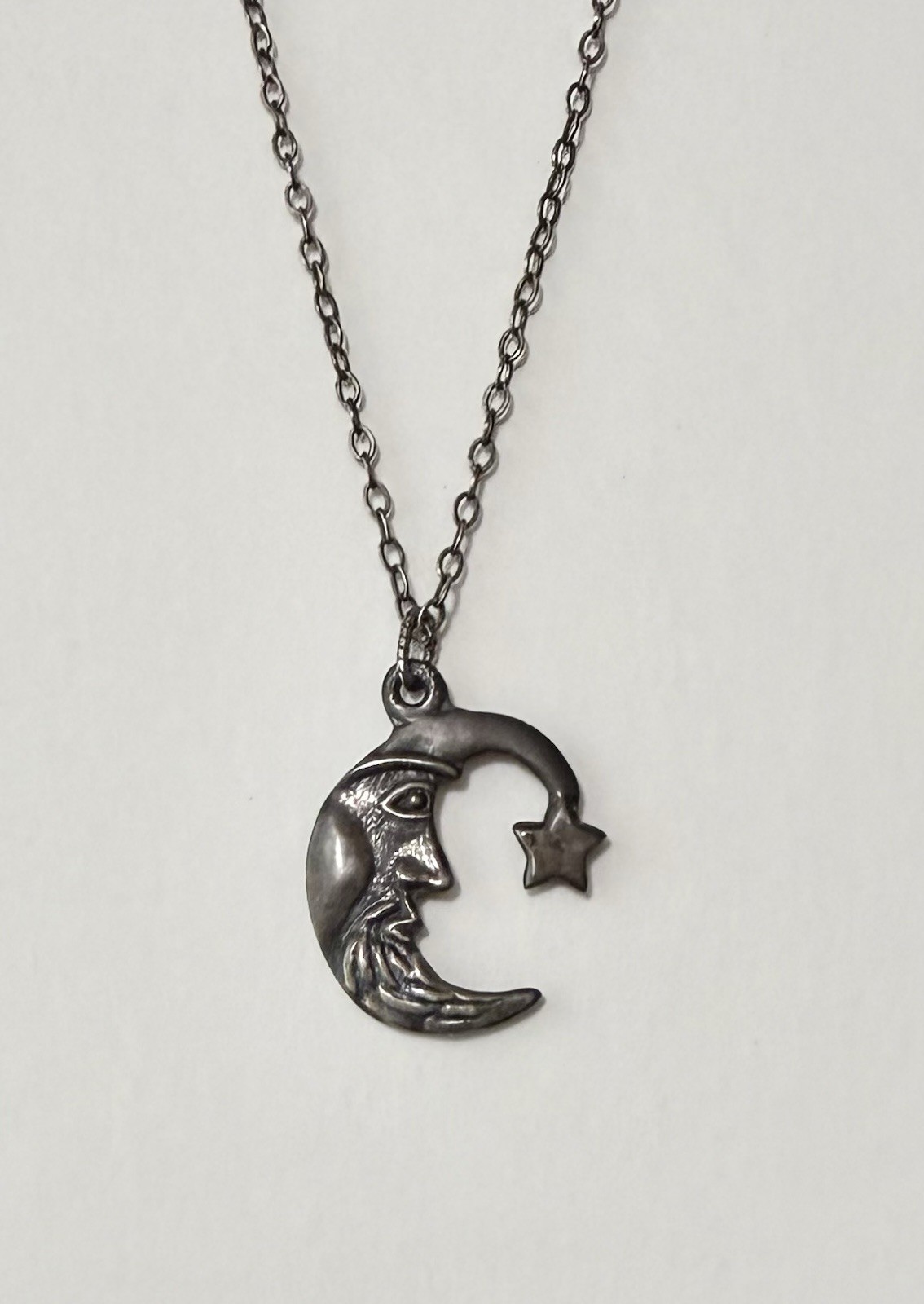 Vintage Celestial Sterling Silver Crescent Moon Face in Wizard Star Hat Necklace
