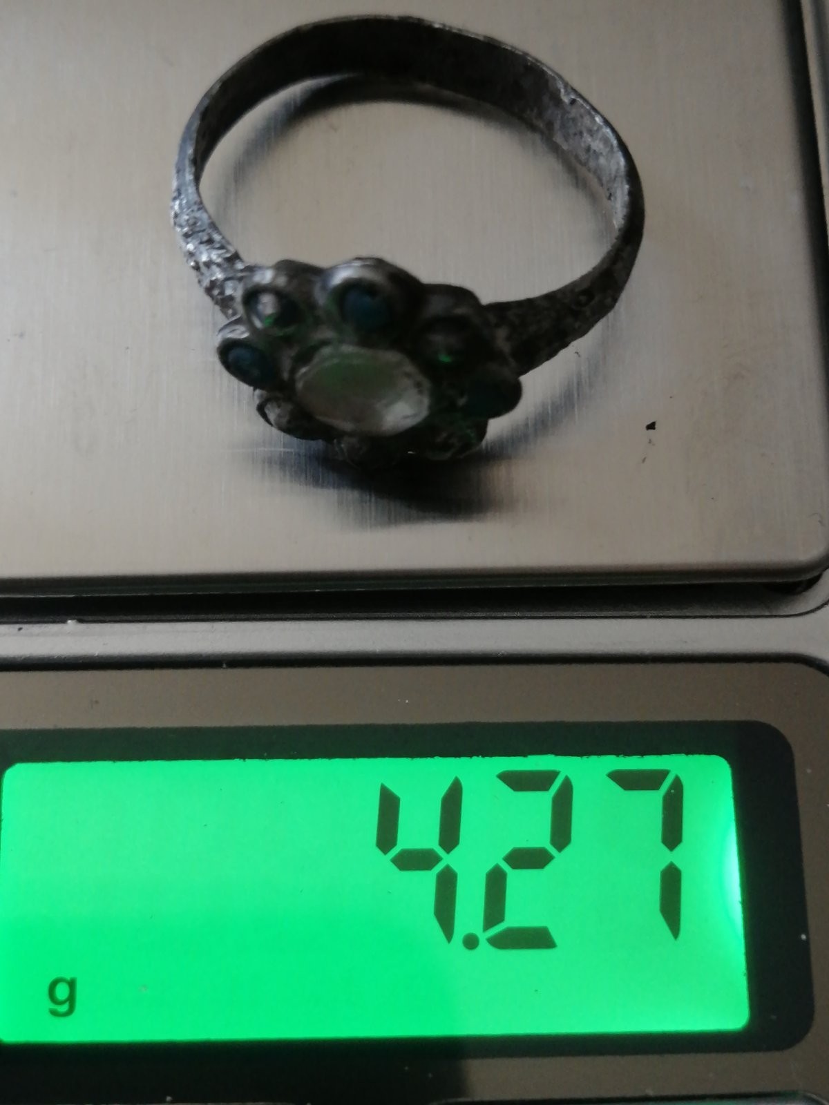 Rare Pre Georgian Alloy Silver, Zinc Ring, With Crystal Stones, US-10,5
