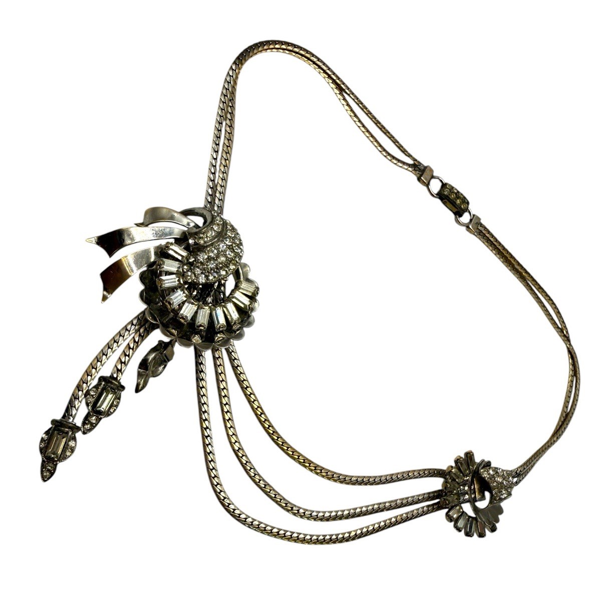 Vintage 40s Charles Reis USA 12K Gold Filled Necklace Collar Tassels Rhinestones