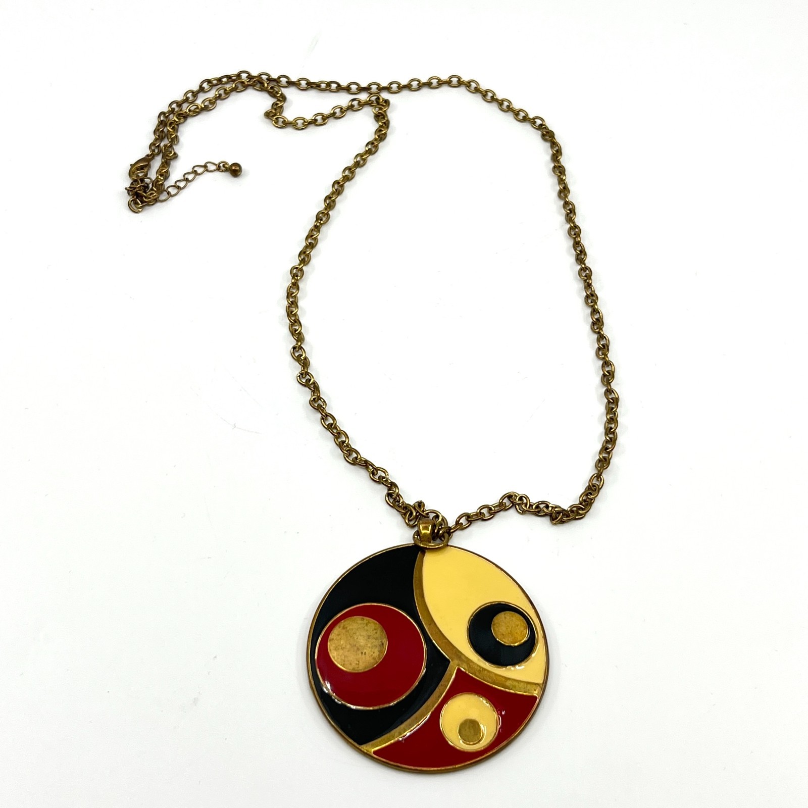 Vintage Retro Modernist Enamel Pendant Necklace, Gold Tone Abstract Geo, Style