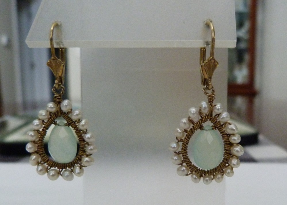 GOLD OVER STERLING SILVER BRIOLETTE AQUA CHALCEDONY FRESHWATER PEARL EARRINGS