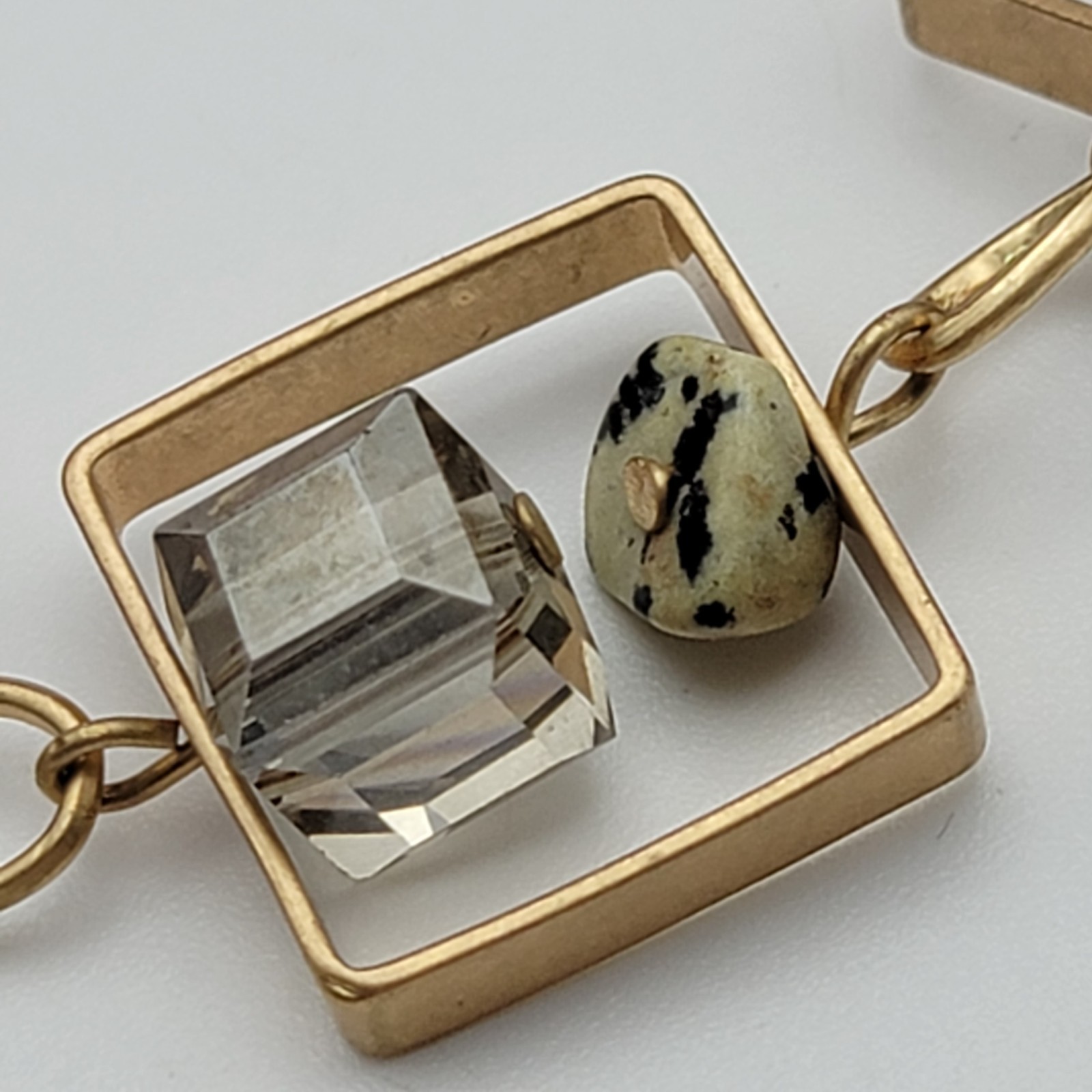 Art Deco Multi Gemstone Charm Square Frame Link Chain Necklace Gold Tone 21″ Adj