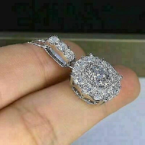 Round Cut Lab Created Diamond Woman’s Engagement Fancy Pendent 14K White Gold FN