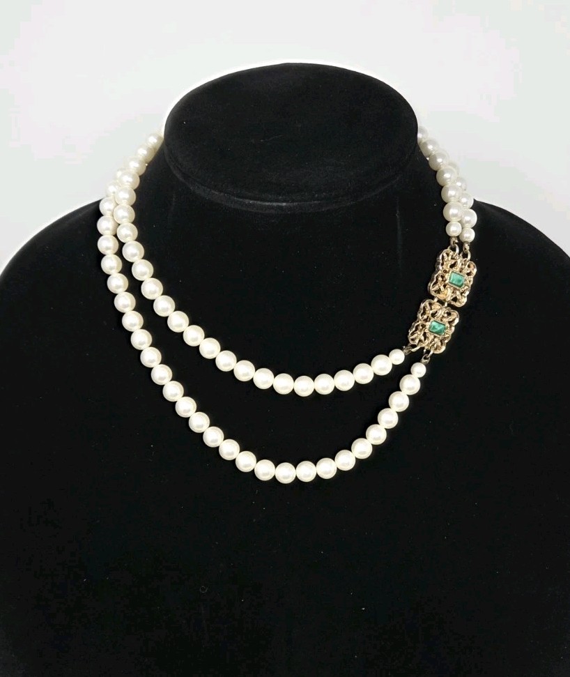 Sarah Coventry Double Strand “High Society” Faux Pearl Necklace Gold Green Clasp