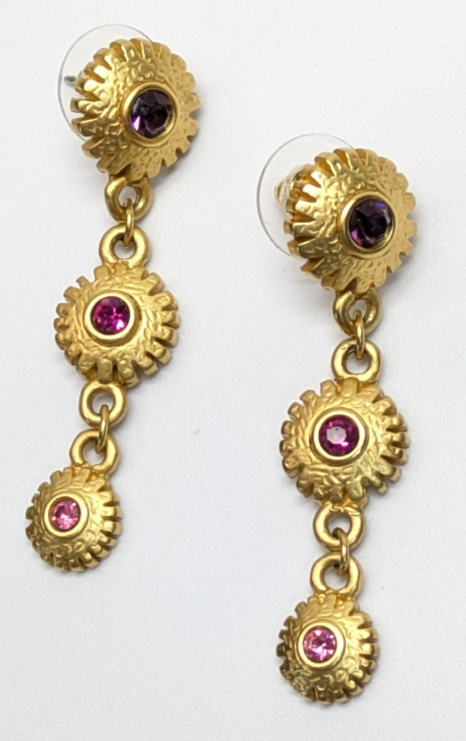 VTG Gold Tone Floral Dangle Drop Pink Purple Rhinestone Pierced Earrings 1 5/8″