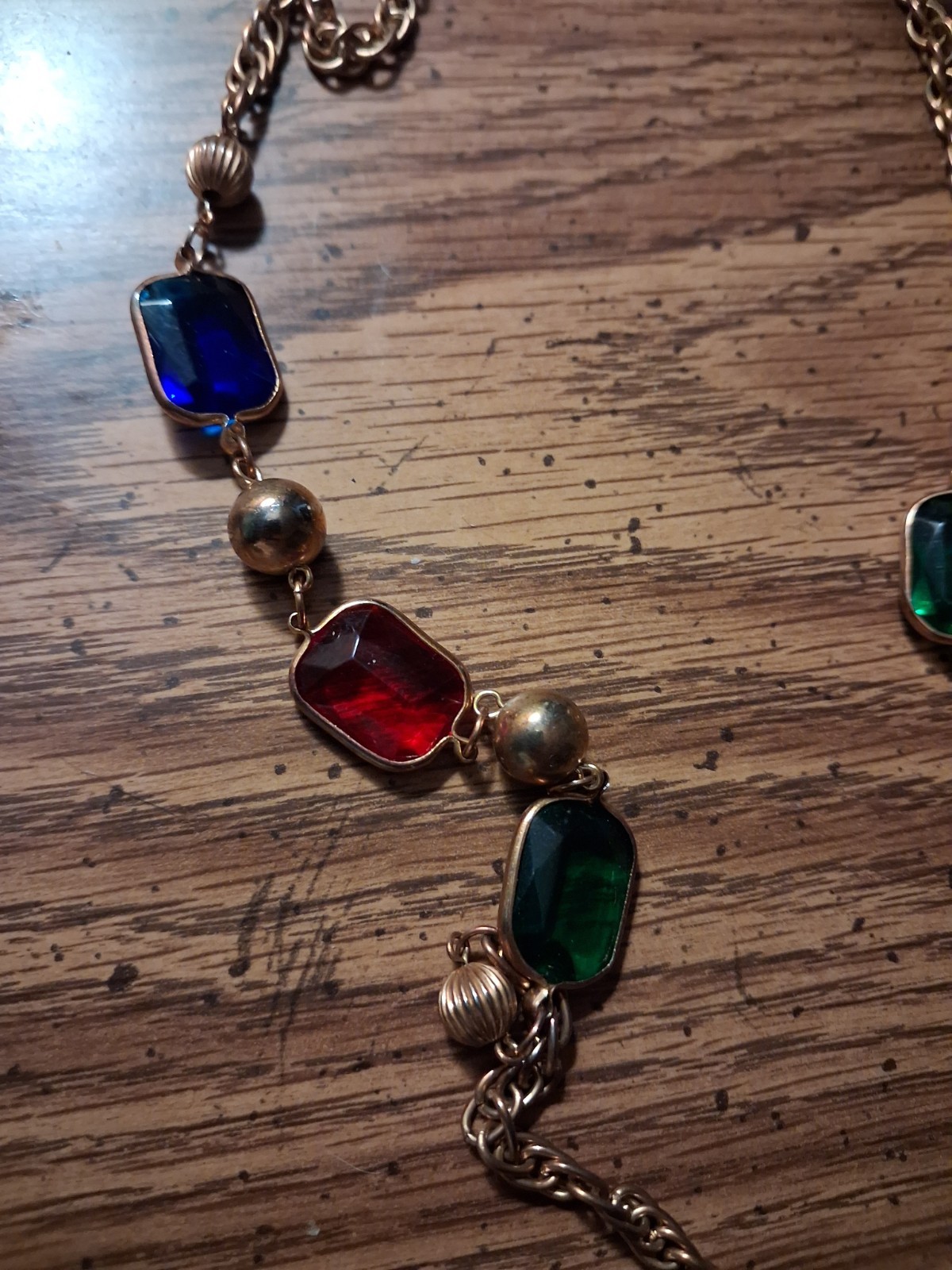 Vintage Multicolor Rectangular Glass Bezel Set Station Necklace Gold Tone 32″