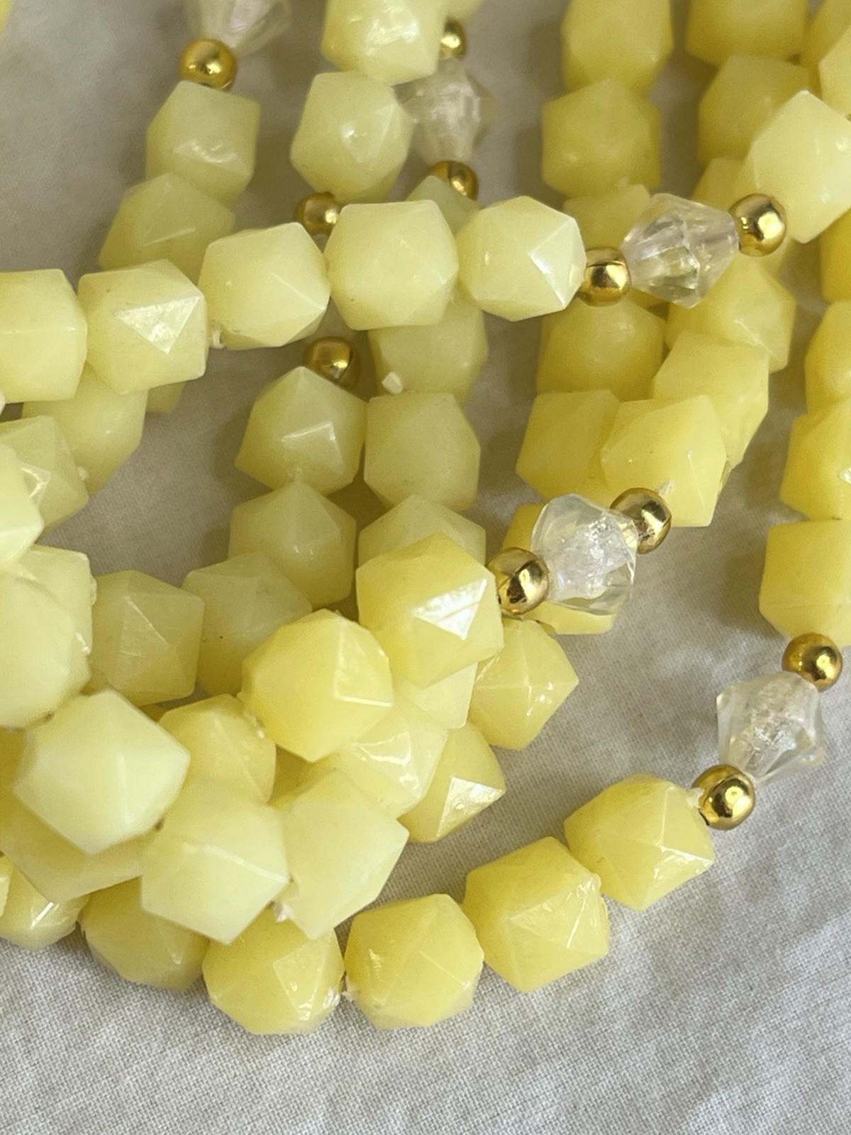 Hong Kong Yellow Beaded Necklace and Clip On Earrings Set Seven Strand Necklace