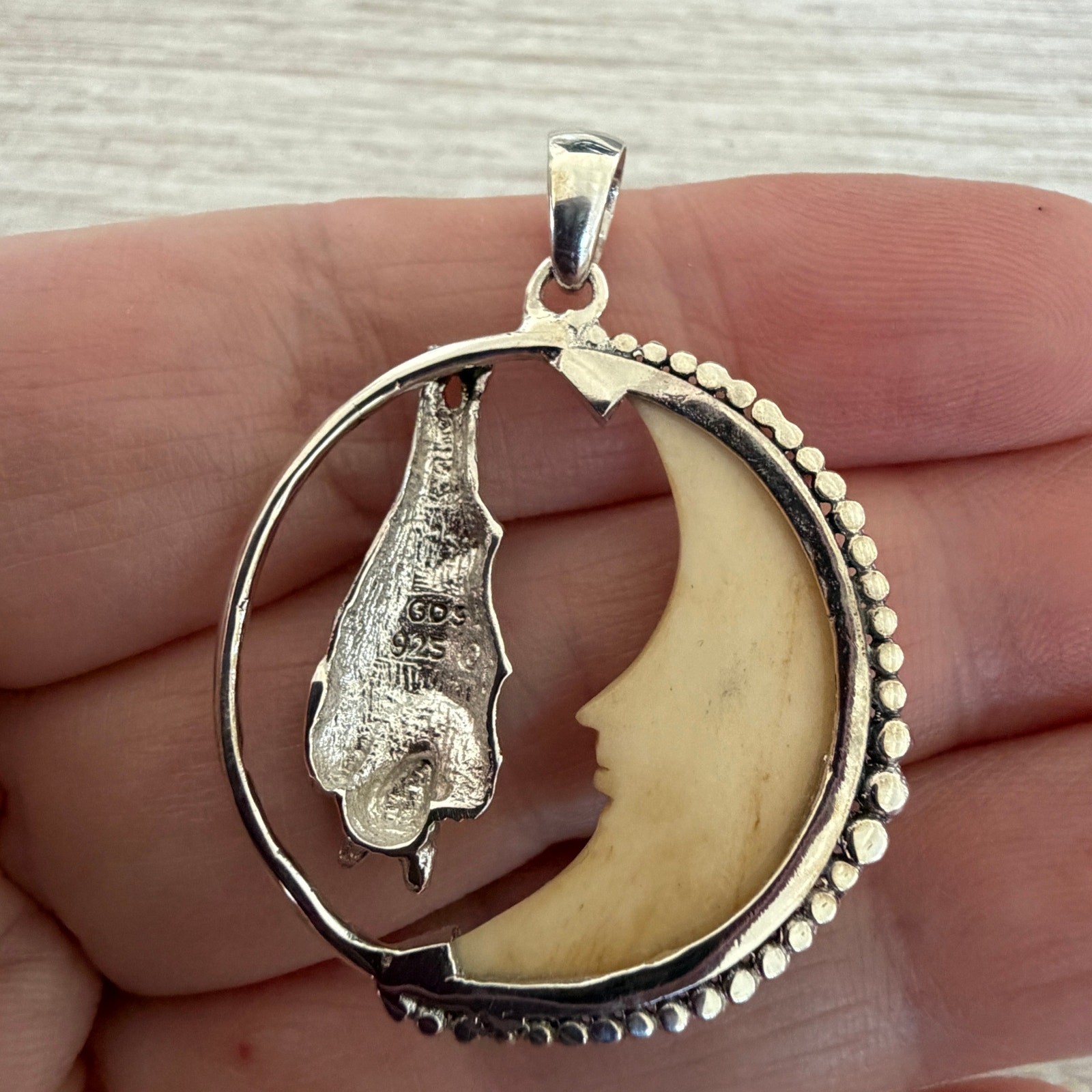 Sterling Silver Bat Moon Pendant Carved Tea Bone Gothic