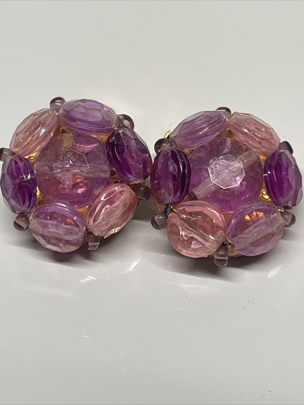 Vintage Western Germany Gold Tone Purple Beaded Cluster Clip On Earrings