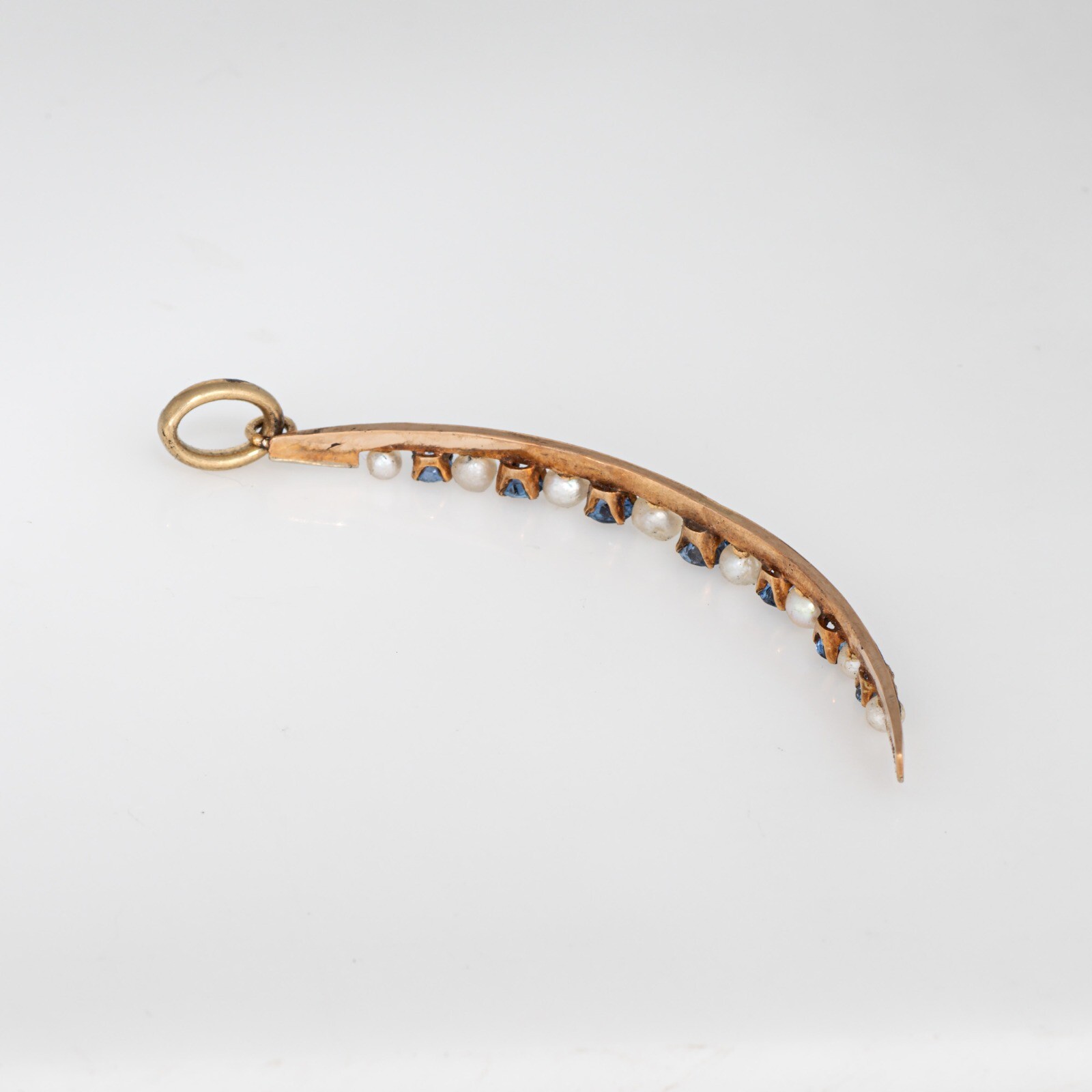 Antique Victorian Crescent Moon Pendant Sapphire Pearl 14k Gold Celestial