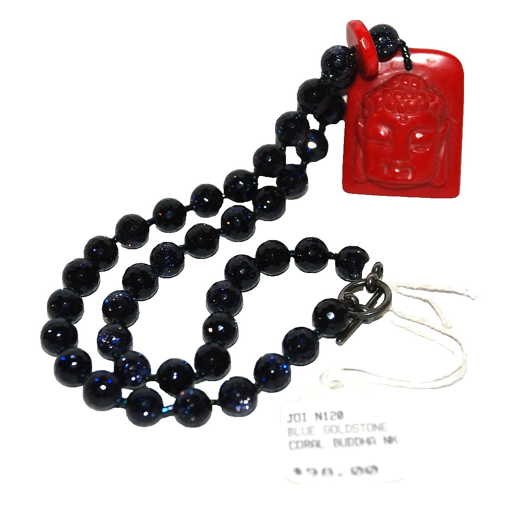 Blue Goldstone Coral Budda Choker Necklace Women’s Jewelry JOI N120 Vintage 1987