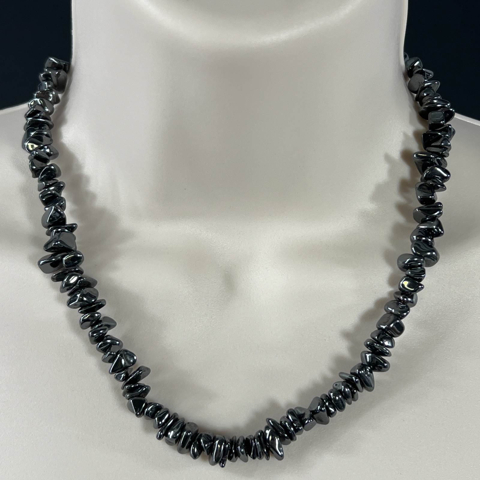 Tumbled Hematite Beaded Necklace Vintage Natural Chip 17″