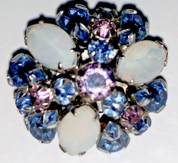 Silver Tone Faceted Purple and Blue Rhinestone Pin 3 White Oval Stones Brooch