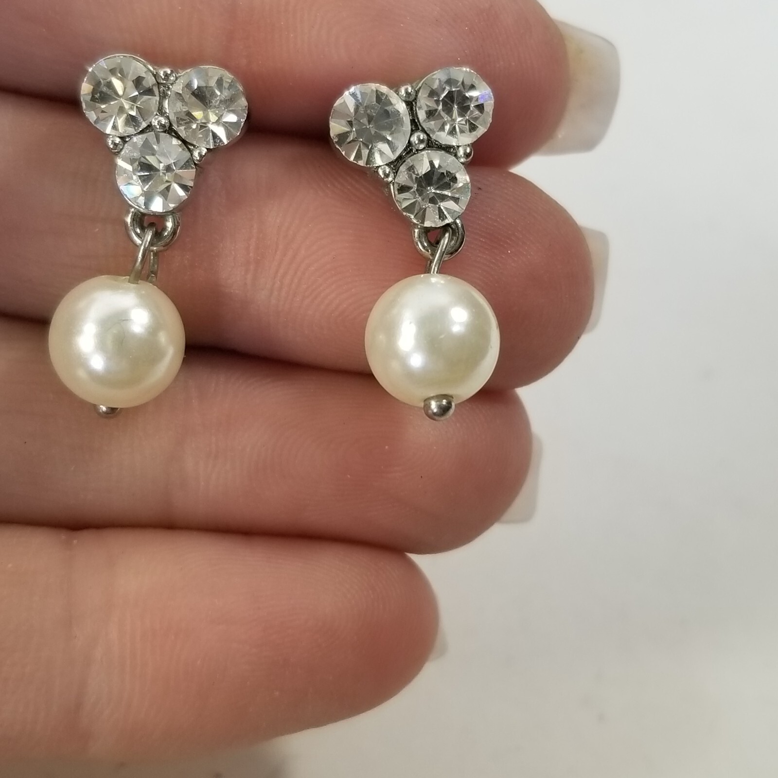 Vintage Faux Pearl Earrings Dangle Rhinestones Silver Tone Pierced