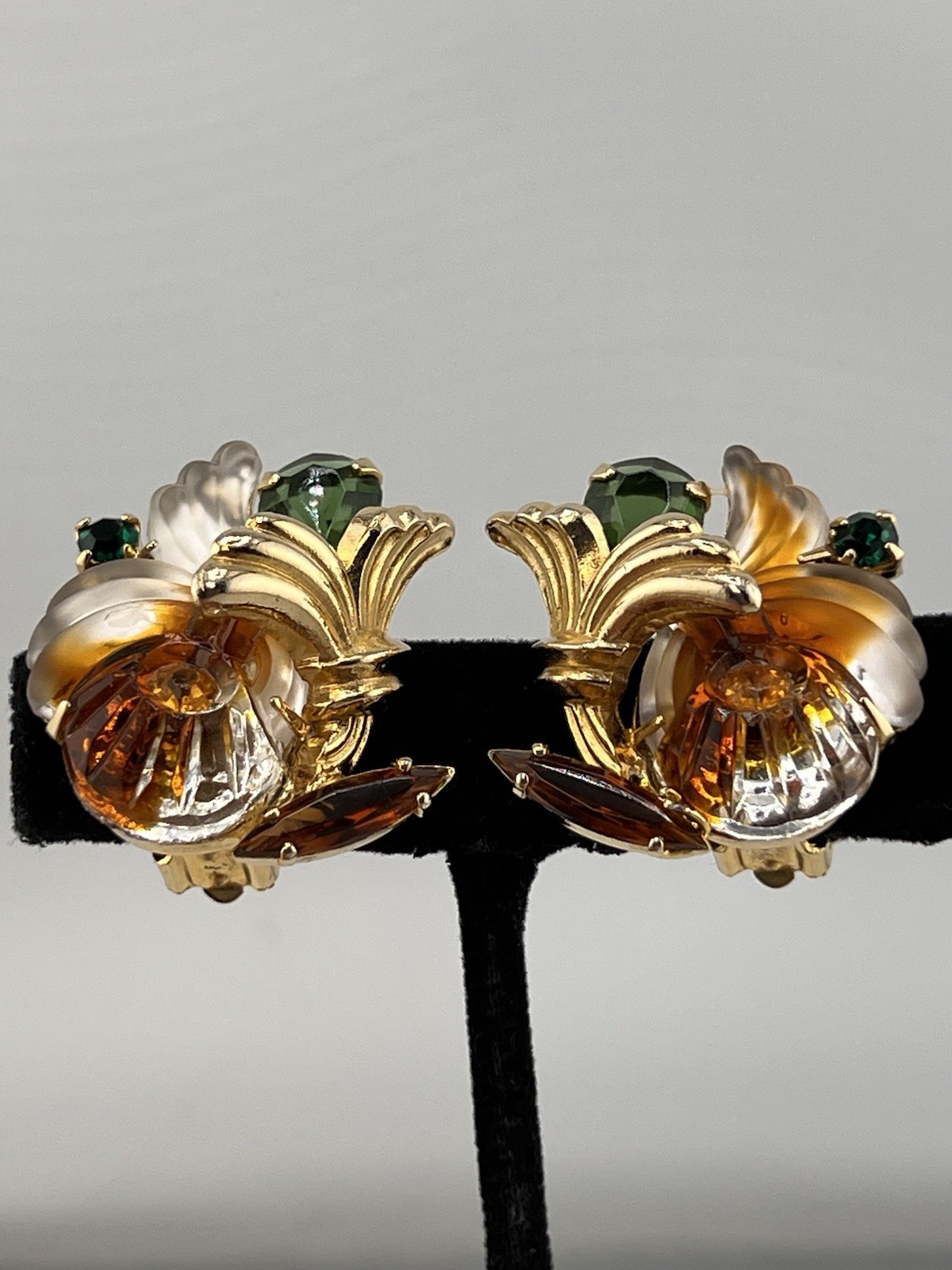 Vintage Edlee Molded Glass Gold Tone Green Amber Rhinestone Chunky Earrings