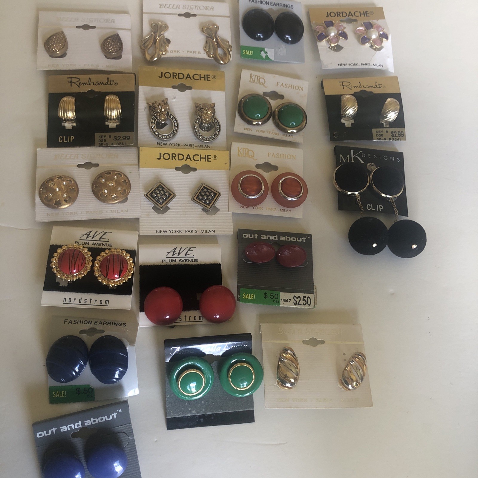 Vintage Lot of 19 Pairs Clip-On Earrings Jordache Rembrandt Etc All On Card